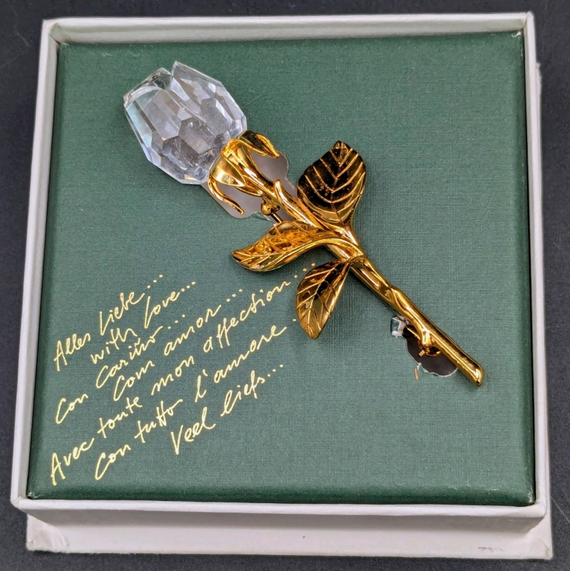 Large Vintage Swarovski Crystal Memories Rose Brooch with Gold Tone Stem + Box | 3.25" Long