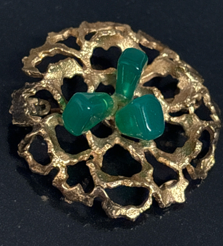 Rolled Gold Brutalist Brooch Green Stones Stamped