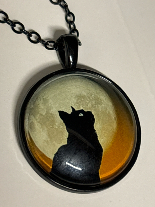 Glow in the Dark Black Cat & Moon Glass Necklace