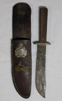 Vintage WW2 The Algonquin Regiment & Royal Canadian Dragoons Cap Badges on Leather Knife Sheath w/Vintage Knife . Knife measures 11 3/4" long