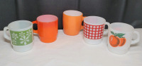Vintage Retro Fire-King & Termocrisa Coffee Mugs . 2 Fire-King Mugs , 2 Termocrisa Mugs & 1 Unmarked Mug . No chips or cracks