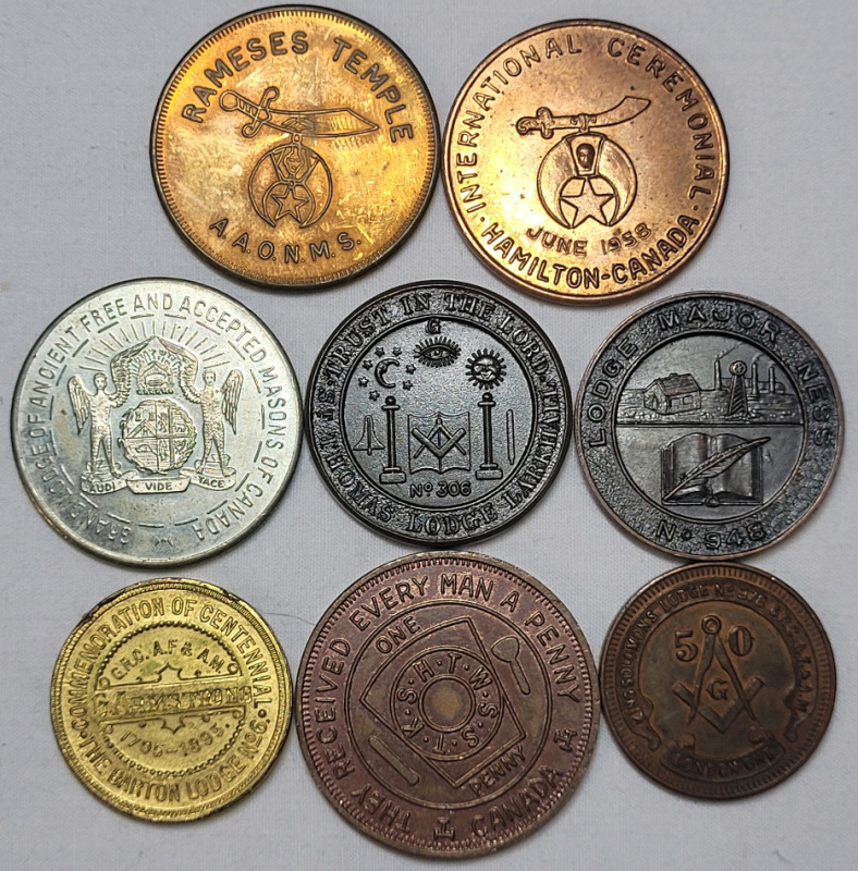 Vintage Masonic Freemason Lodge Coins & Masonic Shriners Coins . Eight (8) Coins Total