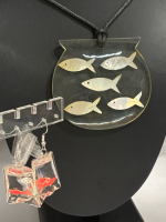 Large Acrylic Clear Fish Bowl Mother of Pearl Pendant Swimming Fish & Perfect Fish Bowl Bag Nostalgia Pierced Earrings