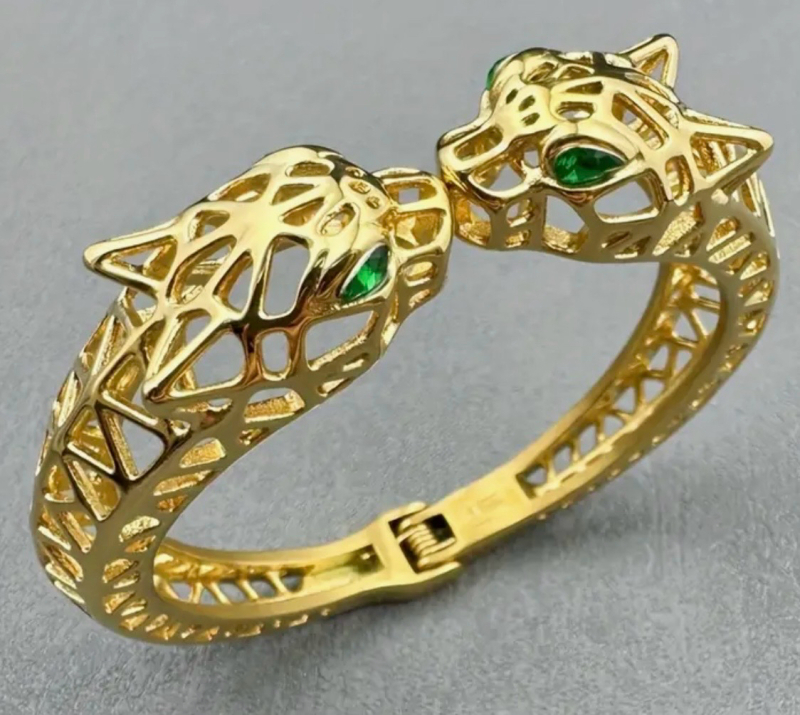 Panther Open Cut Work Bangle Green Rhinestone Eyes Hinged 18K Gold Plated