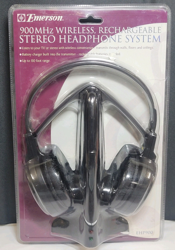 New - Emerson 900MHz Wireless Rechargeable Stereo Headphone System . Model # EHP900