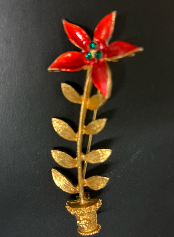 Vintage MYLU Poinsettia 3’’ Brooch Enamel Rhinestone