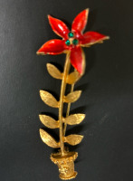 Vintage MYLU Poinsettia 3&rsquo;&rsquo; Brooch Enamel Rhinestone