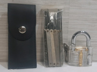 New Lockpicking Practice Kit, Includes See Through Lock, Several Lockpicks and Leather Carrying Case