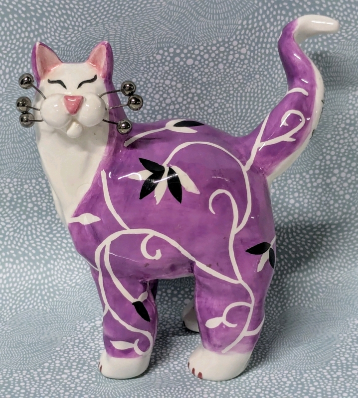 Vintage Amy Lacombe Whimsical Purple White Ceramic Cat Annaco Creations 2003 #24805 | 5.25" Tall