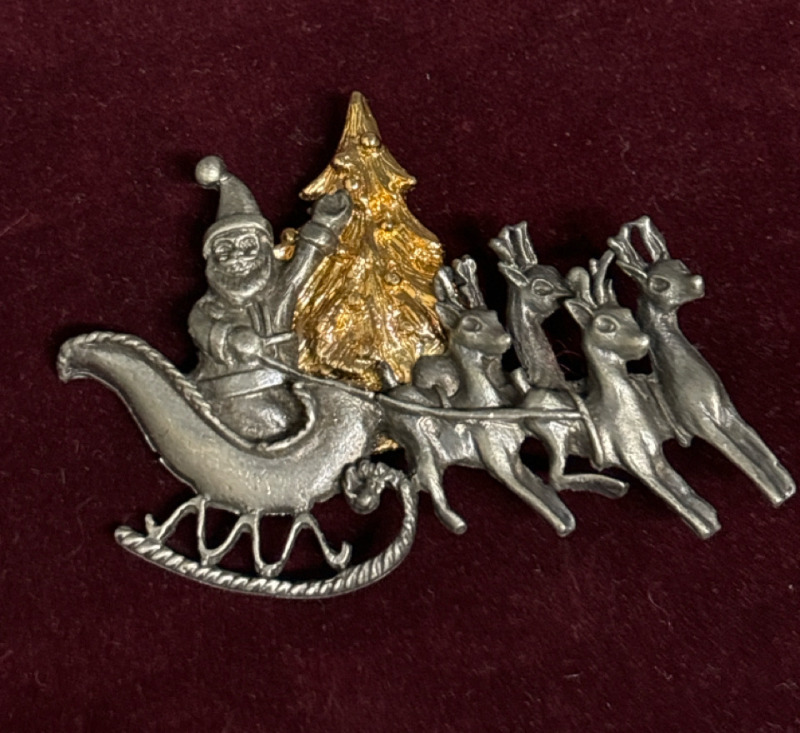 Vintage Brooch Waving Santa in Sleigh Reindeers Golden Tree