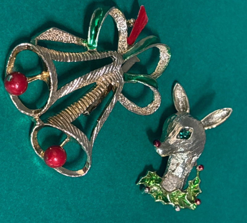 Two Signed Brooches Rhinestone Reindeer Enamel Double Bell