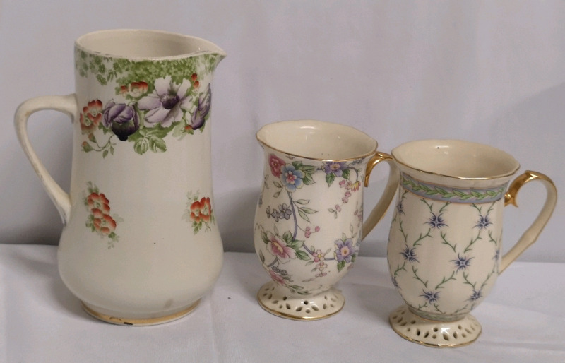 Vintage Frank Beardmore & Co. Fenton Pitcher 7" Tall + Nantucket Mugs 4.75" Tall