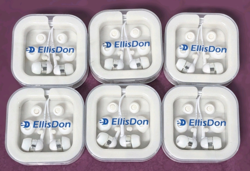 6 New EllisDon-Brandee Corded Earbuds with Volume Control & 3 Sets of Tips in Hard Case | Case Measures 2.75" x 2.75" x 0.75" Tall ea