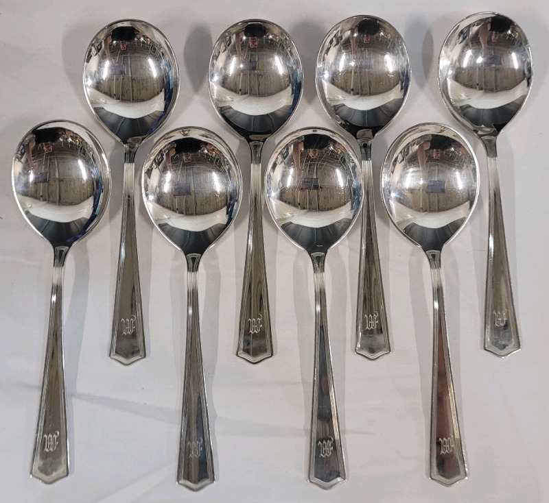 Sterling Silver Soup Spoons , Eight (8) Spoons . Monogrammed with the letter W