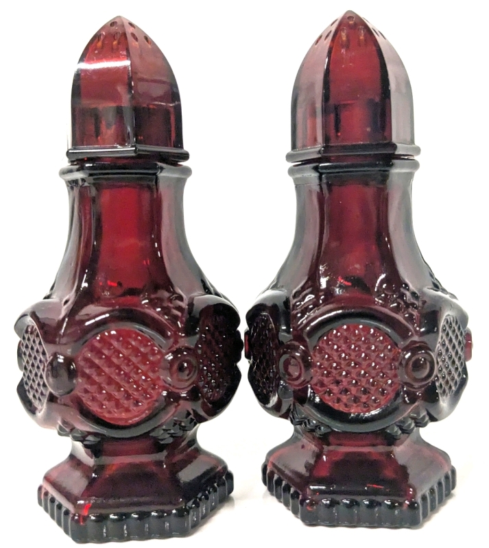 Vintage AVON Cape Cod Vampire Ruby Red Glass Salt & Pepper Shakers w Plastic Lids | 4.25" Tall ea