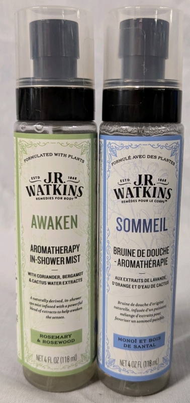 2 New | J.R. Watkins In-Shower Mist Aromatherapy. "Awaken" & "Sleep". 118 ml Bottles.