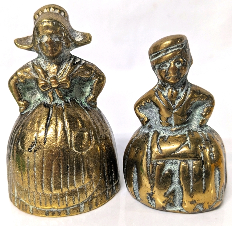 2 Vintage 1930s - 1940s Brass Dutch Boy & Girl Hand Bells / Table Bell | 2.75" - 3" Tall (No Clappers)