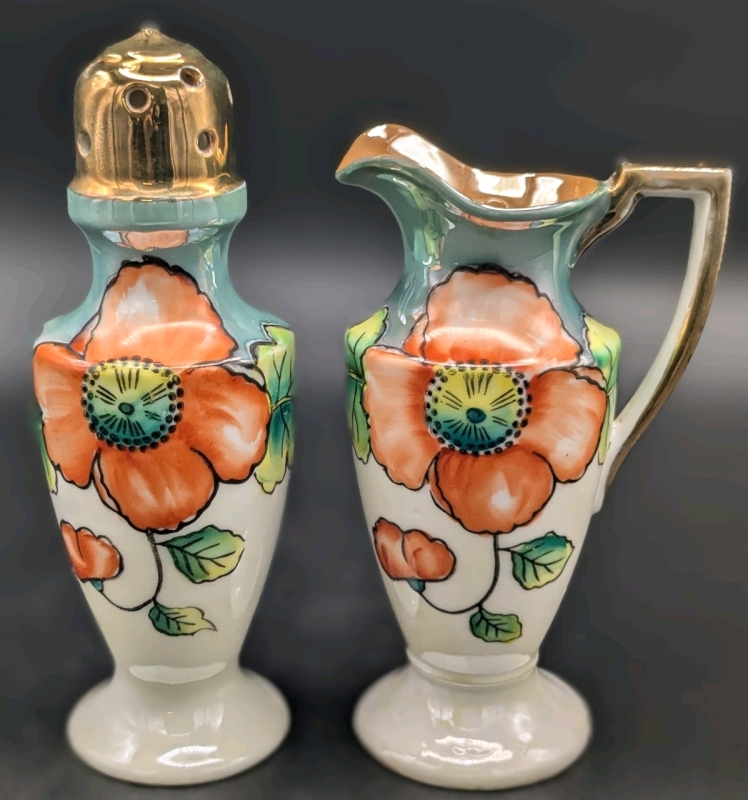 Vintage Unsigned Noritake Japan Luster "Poppy Flower" Muffineer and Syrup Server | Up to 6.75" Tall