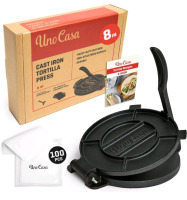 New | Uno Casa 8" Heavy Duty Cast Iron Non-Stick Tortilla Press { Includes Extra Rivit Set & 100 Sheets Of Parchment Paper }