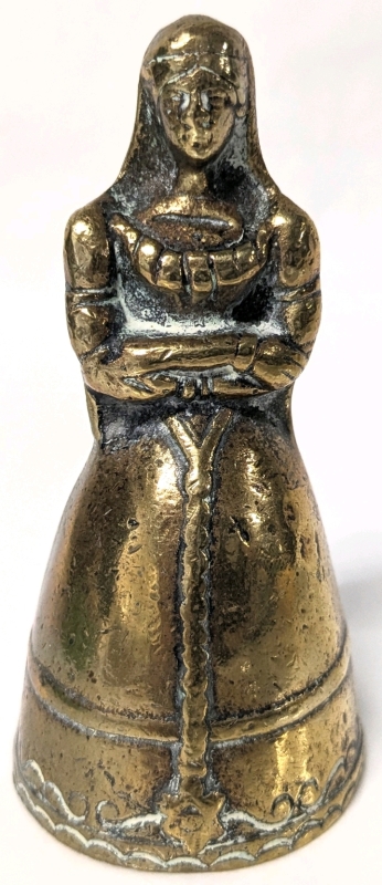 Vintage 1930s - 1940s Brass Victorian / Medieval Lady Hand Bell / Table Bell with Boot-Shaped Clappers! | 3.5" Tall