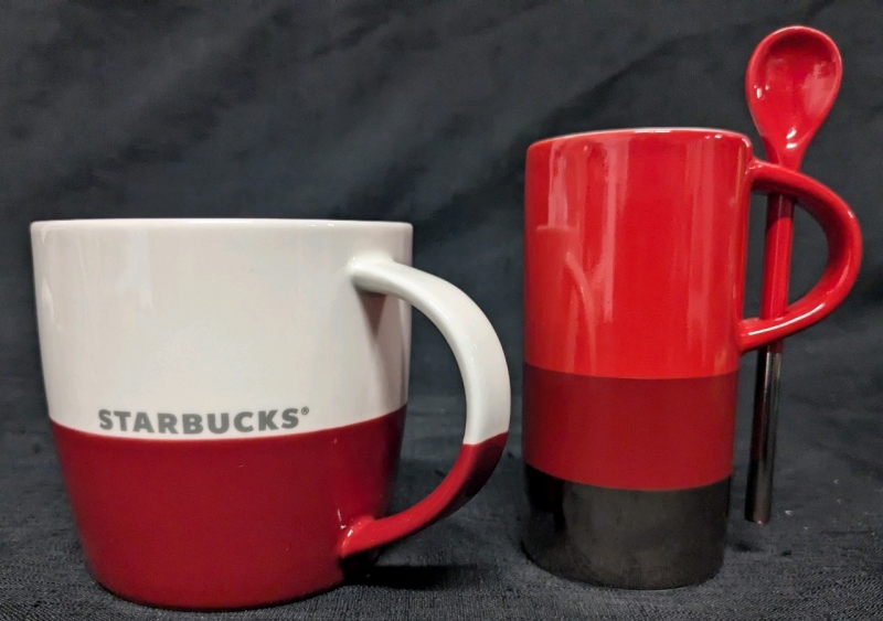 2 Collectable Ceramic Starbucks Mugs | 2011 (4" Diam x 3.75") & 2014 (237ml) with Built-in Spoon