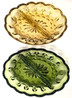 2 Vintage Unsigned Anchor Hocking Avocado Green & Amber Glass Separated Pickle / Candy Dishes | 7" x 5" x 1.5" Tall ea