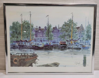 Fishing Boat Harbour Framed Watercolor Print , measures 14.5"×11.5"