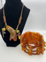 Fantastic Glazed Pottery Bracelet with Art Glass Amber Plus