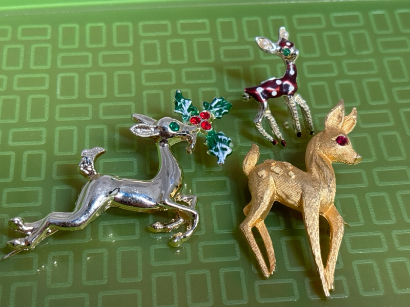 Three Vintage Reindeer Rhinestone Enamel Brooches