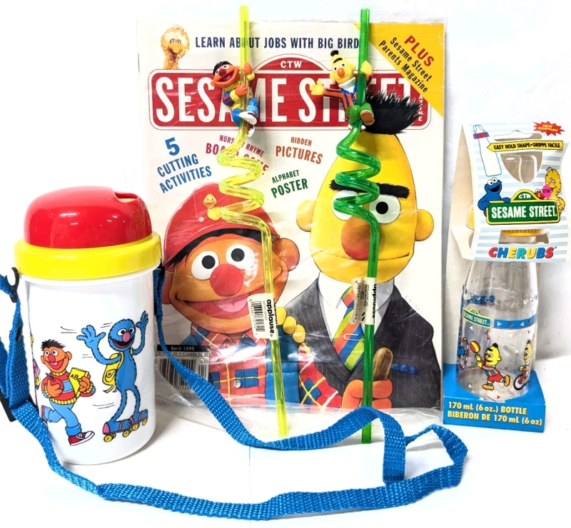 Vintage Sesame Street Ernie & Bert | Sealed April 1995 Magazine with Bonus Patent Magazine, 2 Applause Character 11" Crazy Straws, Cherubs 170ml Bottle & Kibouki Travel Cup