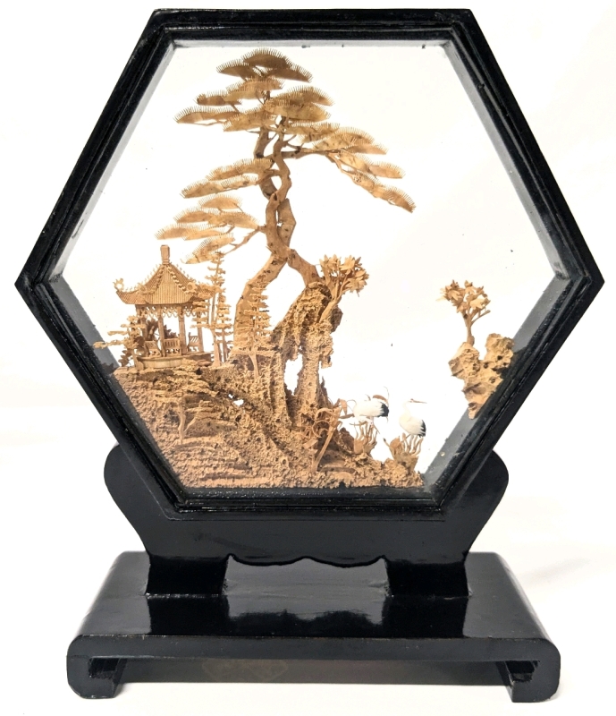 Vintage San You China Hexagonal Cork Scenery Sculpture w 2 Cranes | 5" x 2.2" x 6.7" Tall