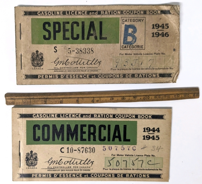 2 Wartime Vintage 1944 - 1946 Special & Commercial Gasoline License and Ration Coupon Books (With Some Tickets Remaining!) + Small Wood Pocket Ruler 6" Long