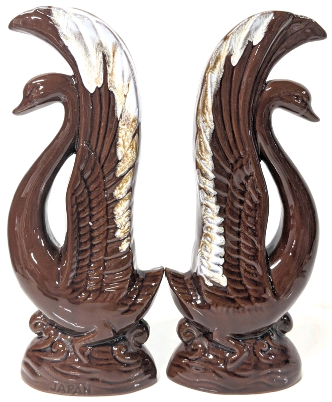 Pair of Vintage Terracotta Pottery Drip Glaze Swans Made in Japan | 9.75" Tall