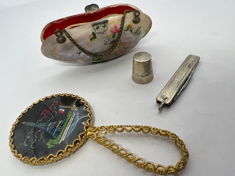 Antique Seashell Purse Silver Niello Thimble Paris mirror Knife