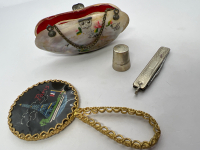 Antique Seashell Purse Silver Niello Thimble Paris mirror Knife