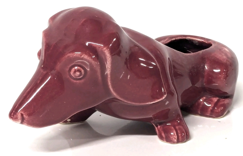 Fantastic Vintage Cranberry Ceramic Wiener Dog Planter | 4" x 7.75" x 3.75" Tall