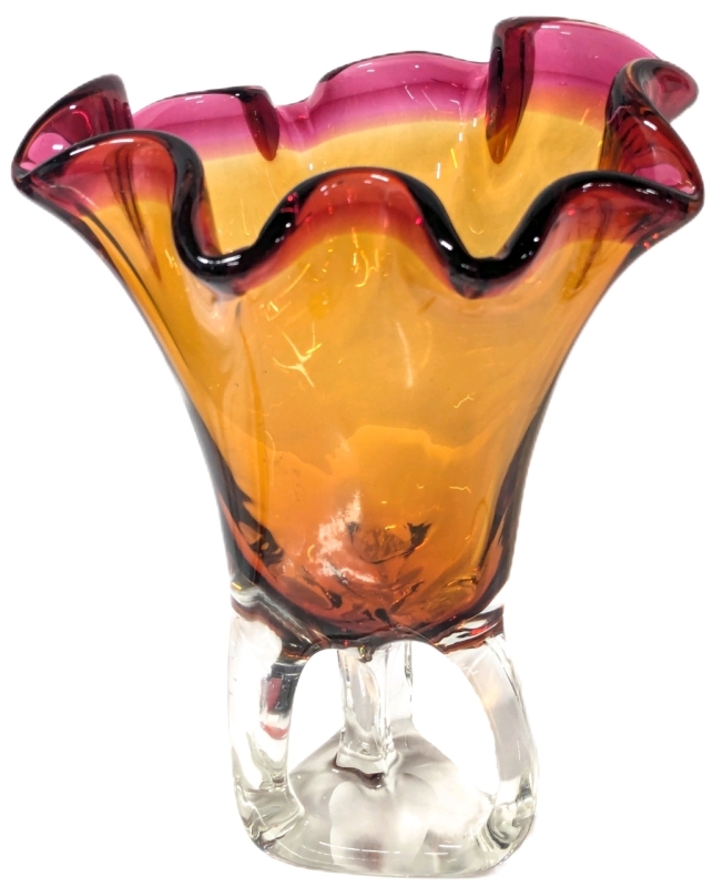 Gorgeous Large Vintage Czech Chribska Ruby & Amber Summerso Art Glass Vase | 8.75" Across x 11.75" Tall