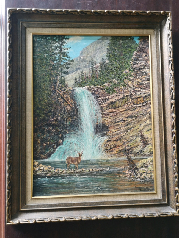 Vintage Forest Waterfall Scene Painting on Board Signed & Framed