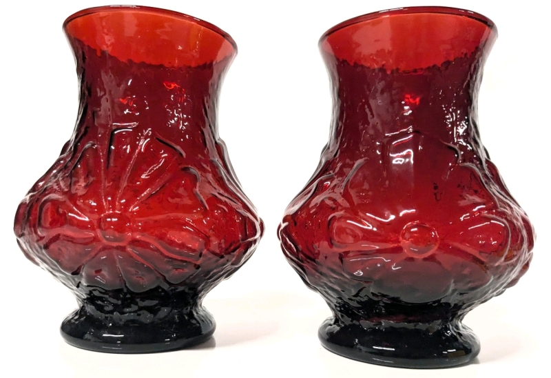 Pair Vintage Unsigned Anchor Hocking Ruby Red Rainflower Glass Vases | 5.5" Tall