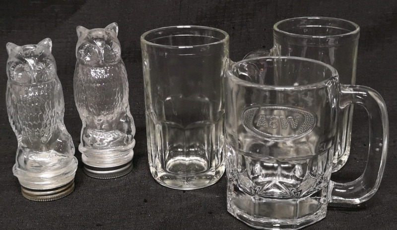 Vintage Billy Bee 4.75" & A&W 4.25" Glasses + Glass Owl Candy Jars 5"