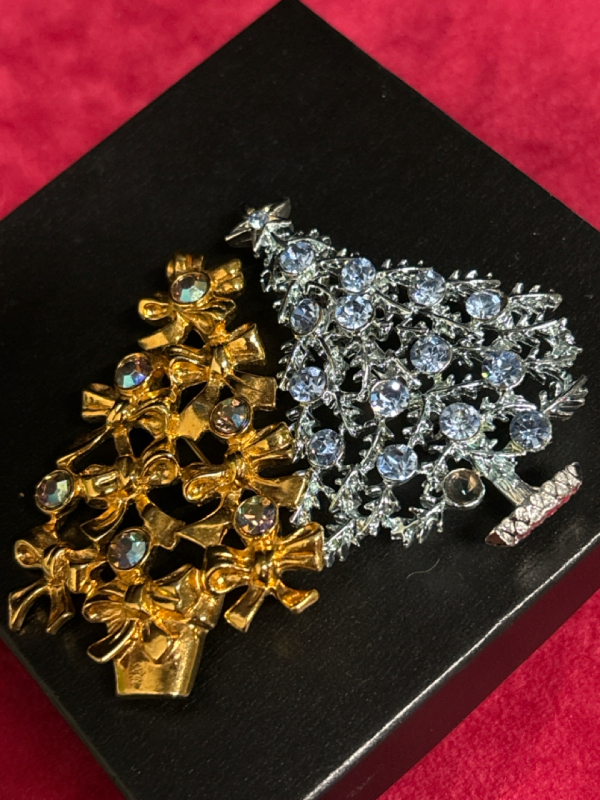 Vintage Rhinestone Christmas Tree Brooches Signed