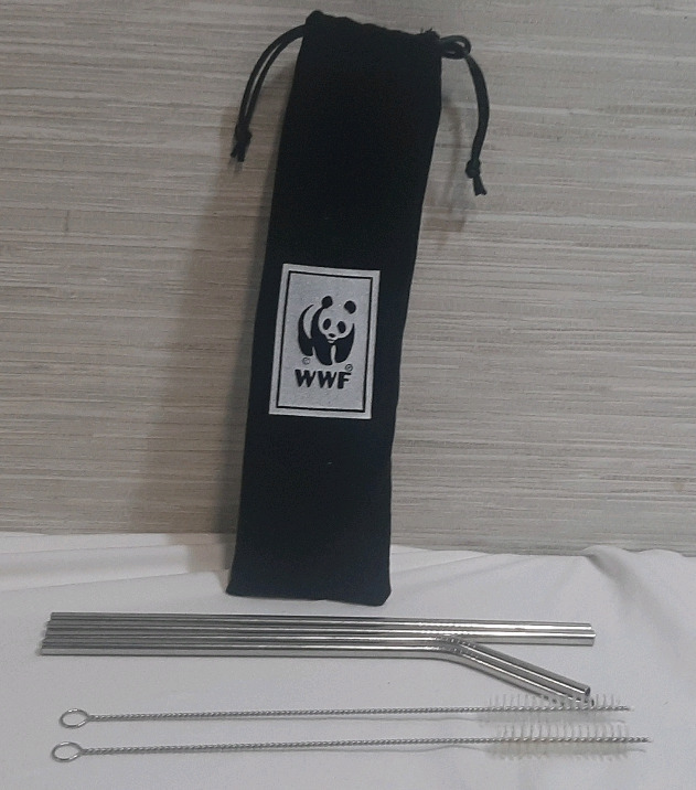 New Metal Drinking Straws w/ Cleaning Brushes and WWF Branded String Bag