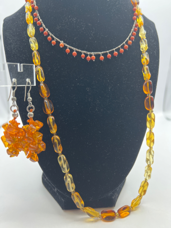 Sterling 925 Orange stone Necklace Amber Strand Earrings