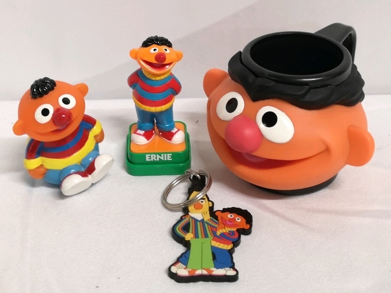 Like New Vintage Sesame Street Ernie Memorabilia - Cup 3.5", Keychain 3.5" , Stamp & Weeble Wooble