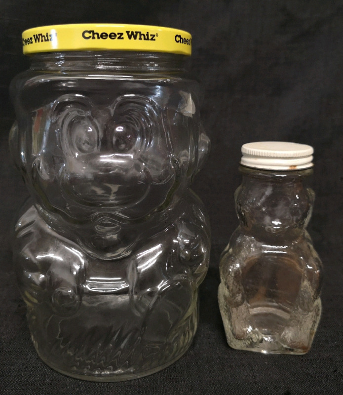 Vintage Cheez Whiz Super Mario Glass Jar 7" + Glass Bear Candy Jar 4.5"