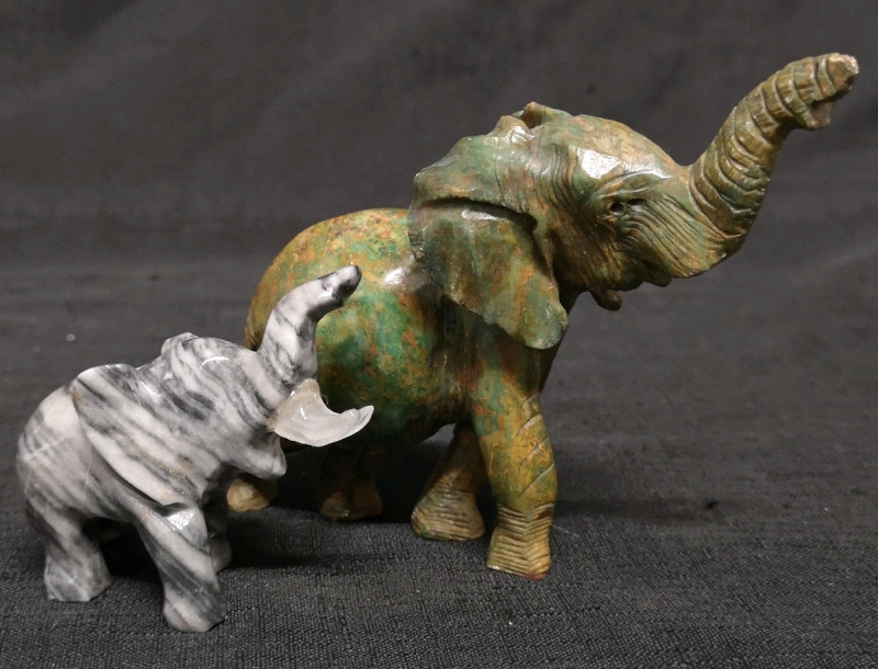 2 Vintage Lucky Elephant Figures - Trunks Up 2.5" & 4" Tall