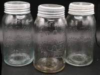 3 Vintage 8" Tall Glass Crown Imperial Jars with Lids 2x Slight Blue Hue