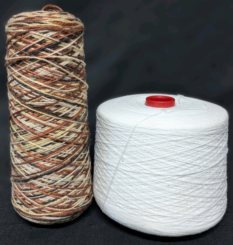 2 Large Spools of Yarn | Seaway Yard 30 x 6 Tex Pun Nylon 5.5TPI "S" (7" Tall x 7" Diam) & Vintage Earth Tone Yarn (11.5" Tall, 4.75" Diam)