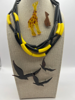 Statement Black Yellow Necklace Birds Giraffe Brooches