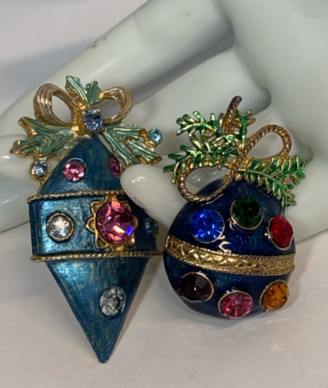 Vintage Two Ornament Rhinestone Enameled Brooches in Blue Beauties